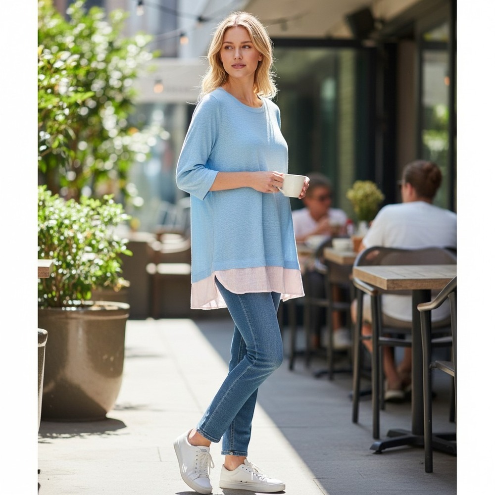 J. Jill Womens XL 100% Linen Light Blue Layered Mixed Media Top‎ 3/4 Sleeve
